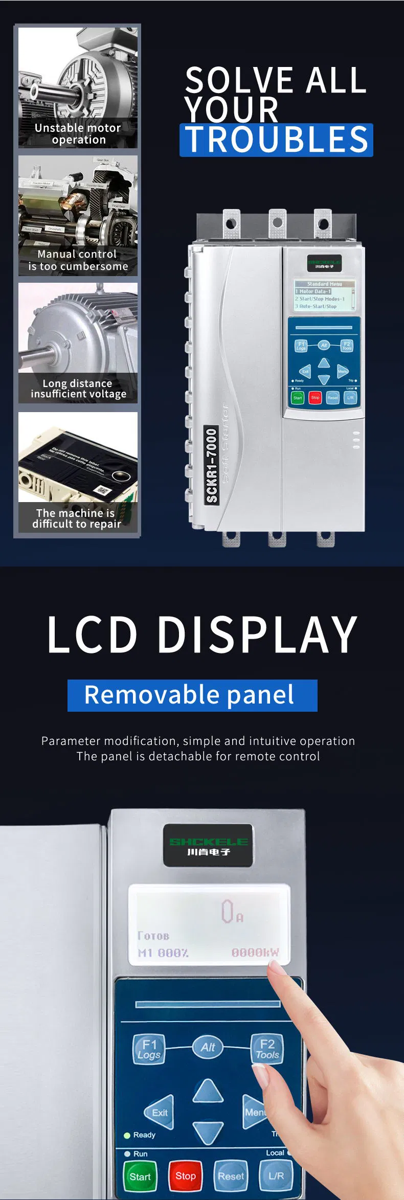 5.5kw 50Hz 60Hz Built in Bypass Soft Starter 3 Phase 7.5HP 11A Voltage 220V/380V/440V/660V Arabic Intelligent Language
