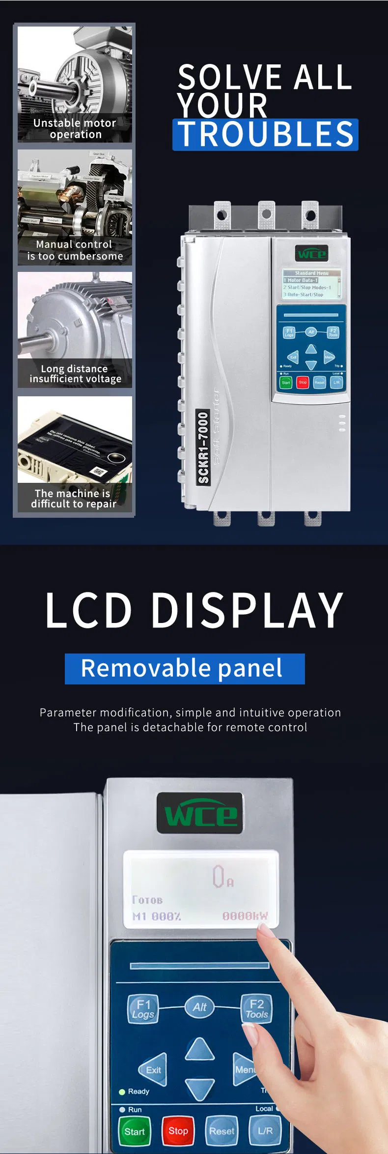 French Spanish Russian Portuguese Arabic Display 5.5kw to 800kw 380V 3 Phase Motor Soft Starter